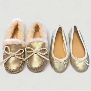 J.Crew Girls Metallic Gold Ballet Flats & Moccasin Slippers Bundle – Size 10